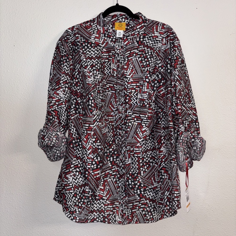 New Ruby‎ Rd Tunic Women's 24W Black Red Abstract Print Button Front Linen Blend